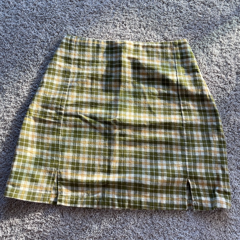 Brandy Melville Olive and Cream Plaid Mini Skirt